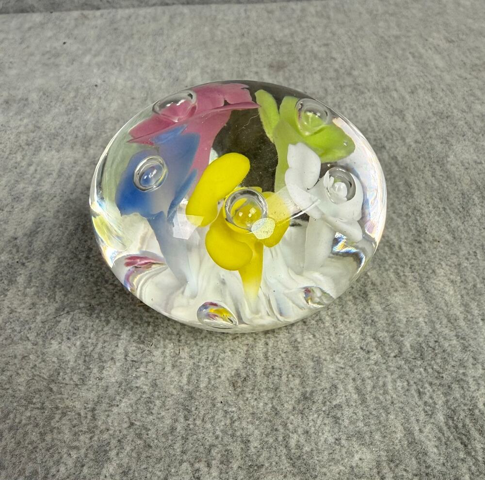 Joe Rice Glass Paperweight Trumpet Flower Floral Controlled Bubble 3" Vintage
